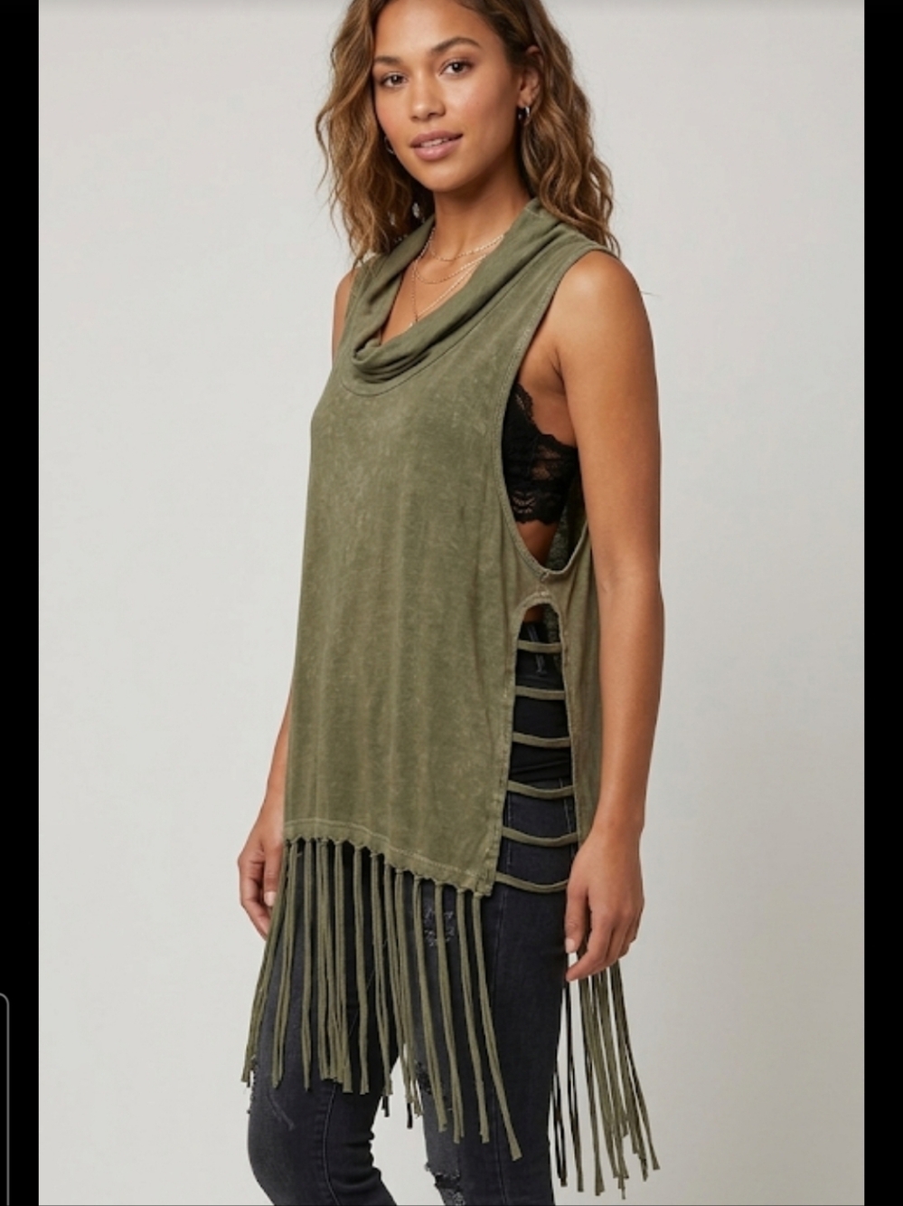 POL Women's Olive Green Fringe Top Cowl Neck Open Side Ladder Detail Size L